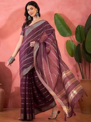 Purple organza jacquard saree with unstitched blouse piece 2