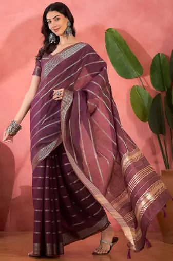 Purple organza jacquard saree with unstitched blouse piece