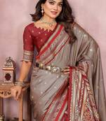 Grey Color Zari Weaving Handloom Kalamkari Silk Saree