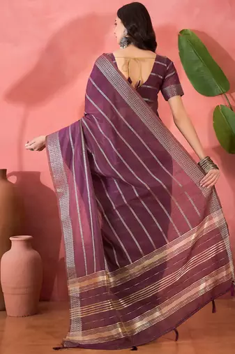 Purple organza jacquard saree with unstitched blouse piece