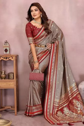 Grey Color Zari Weaving Handloom Kalamkari Silk Saree