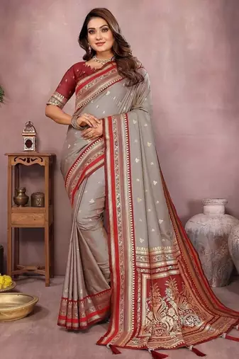 Grey Color Zari Weaving Handloom Kalamkari Silk Saree