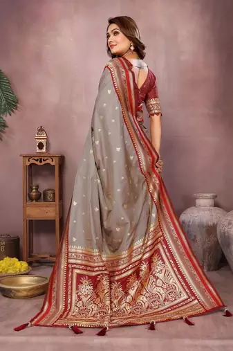 Grey Color Zari Weaving Handloom Kalamkari Silk Saree