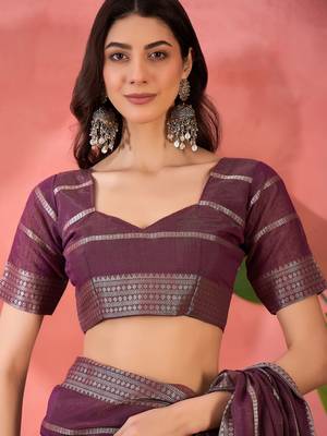 Purple organza jacquard saree with unstitched blouse piece 4