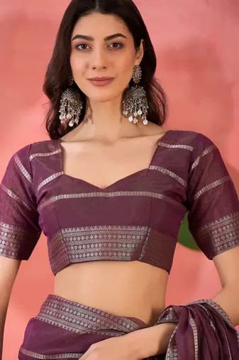 Purple organza jacquard saree with unstitched blouse piece