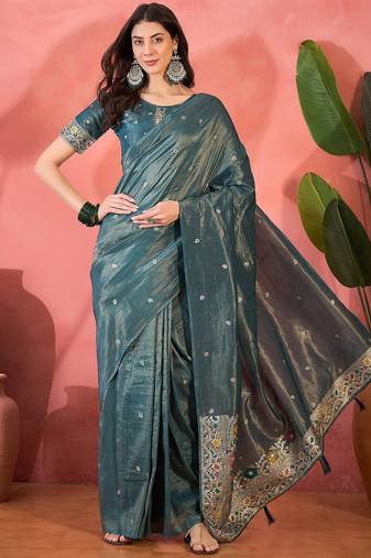 Blue silk blend jacquard saree with unstitched blouse piece