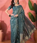 Blue silk blend jacquard saree with unstitched blouse piece