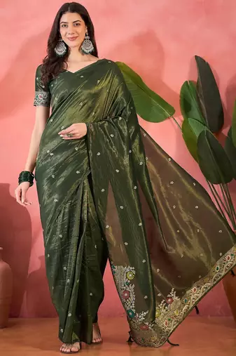 Green silk blend jacquard saree with unstitched blouse piece