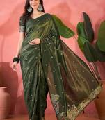 Green silk blend jacquard saree with unstitched blouse piece