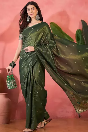 Green silk blend jacquard saree with unstitched blouse piece