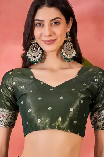 Green silk blend jacquard saree with unstitched blouse piece