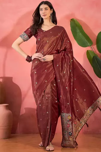 Maroon silk blend jacquard saree with unstitched blouse piece
