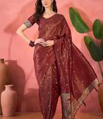 Maroon silk blend jacquard saree with unstitched blouse piece