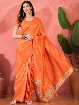 Orange silk blend jacquard saree with unstitched blouse piece 1