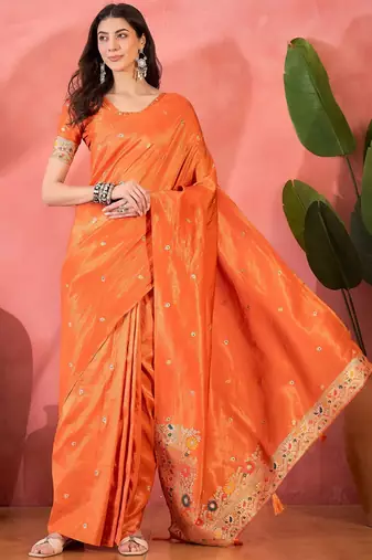 Orange silk blend jacquard saree with unstitched blouse piece
