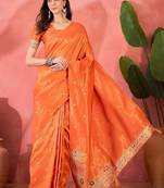 Orange silk blend jacquard saree with unstitched blouse piece
