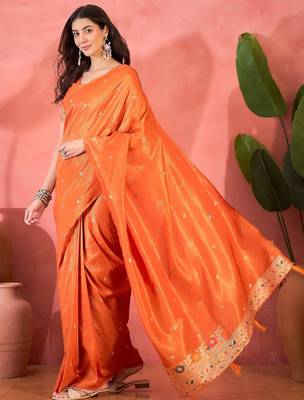 Orange silk blend jacquard saree with unstitched blouse piece 2