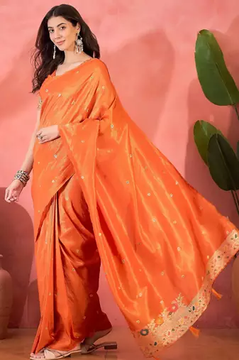 Orange silk blend jacquard saree with unstitched blouse piece