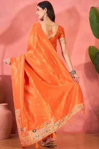 Orange silk blend jacquard saree with unstitched blouse piece