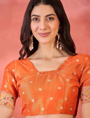 Orange silk blend jacquard saree with unstitched blouse piece 4