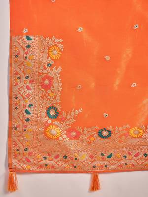 Orange silk blend jacquard saree with unstitched blouse piece 5