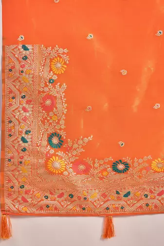 Orange silk blend jacquard saree with unstitched blouse piece