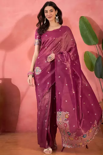 Pink silk blend jacquard saree with unstitched blouse piece