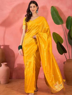 Yellow silk blend jacquard saree with unstitched blouse piece 1
