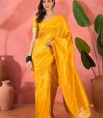 Yellow silk blend jacquard saree with unstitched blouse piece