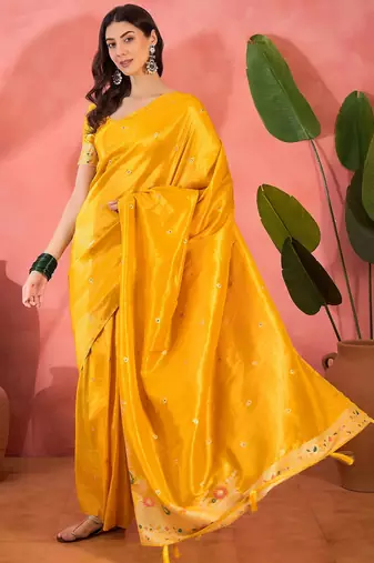 Yellow silk blend jacquard saree with unstitched blouse piece