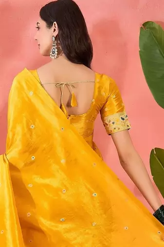 Yellow silk blend jacquard saree with unstitched blouse piece
