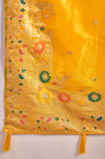 Yellow silk blend jacquard saree with unstitched blouse piece