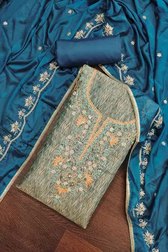 Women's blue embroidered work dress material