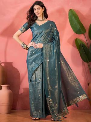 Blue silk blend jacquard saree with unstitched blouse piece 1