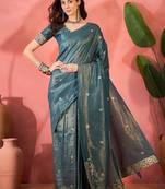 Blue silk blend jacquard saree with unstitched blouse piece