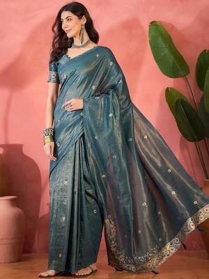 Blue silk blend jacquard saree with unstitched blouse piece 2