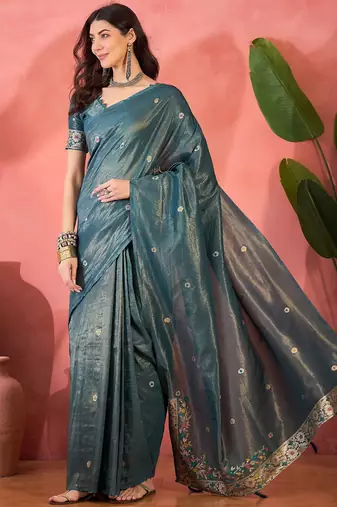 Blue silk blend jacquard saree with unstitched blouse piece