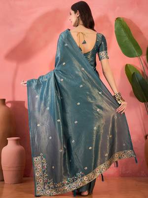 Blue silk blend jacquard saree with unstitched blouse piece 3