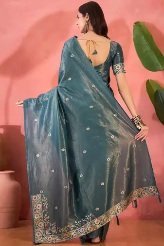 Blue silk blend jacquard saree with unstitched blouse piece