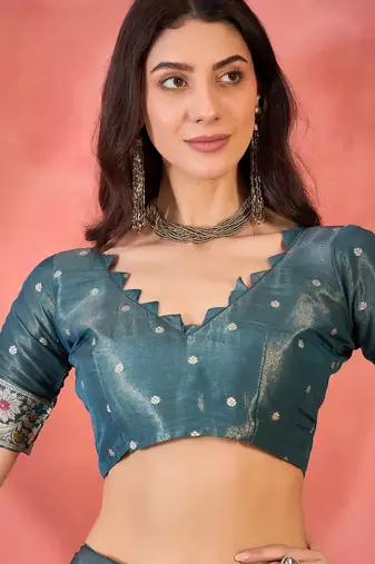 Blue silk blend jacquard saree with unstitched blouse piece