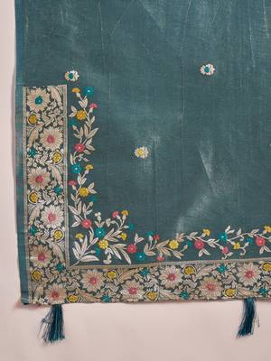 Blue silk blend jacquard saree with unstitched blouse piece 5