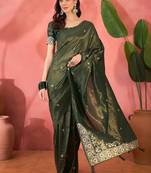 Green silk blend jacquard saree with unstitched blouse piece