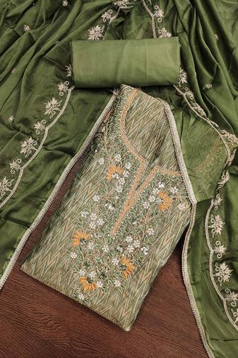 Women's green embroidered work dress material