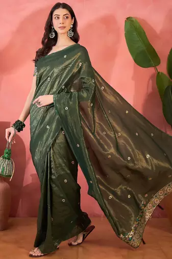 Green silk blend jacquard saree with unstitched blouse piece