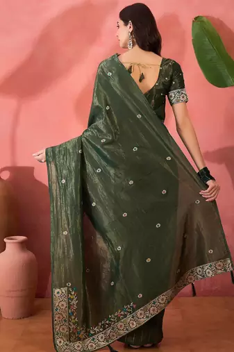 Green silk blend jacquard saree with unstitched blouse piece