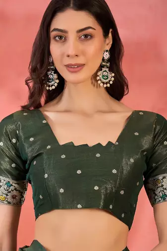 Green silk blend jacquard saree with unstitched blouse piece