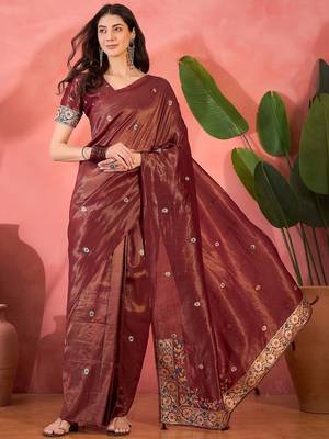 Maroon silk blend jacquard saree with unstitched blouse piece 1