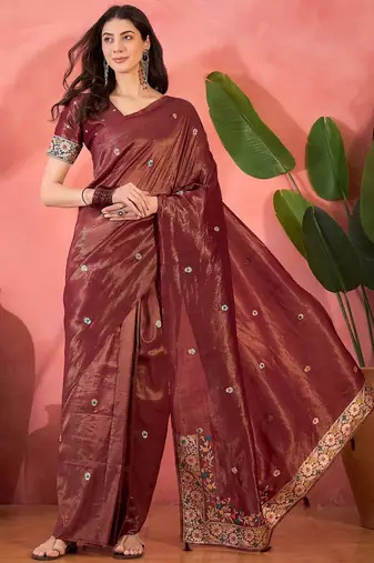 Maroon silk blend jacquard saree with unstitched blouse piece