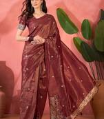 Maroon silk blend jacquard saree with unstitched blouse piece