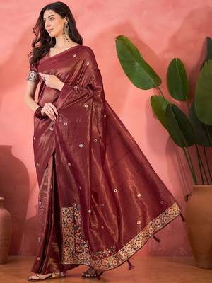 Maroon silk blend jacquard saree with unstitched blouse piece 2
